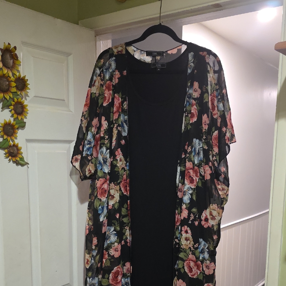 Black Dress With Kimono Floral Cardigan
